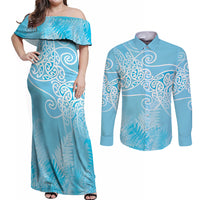 Aotearoa Maori Koru Curves Couples Matching Off Shoulder Maxi Dress and Long Sleeve Button Shirt Silver Ferns - Turquoise