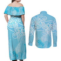 Aotearoa Maori Koru Curves Couples Matching Off Shoulder Maxi Dress and Long Sleeve Button Shirt Silver Ferns - Turquoise