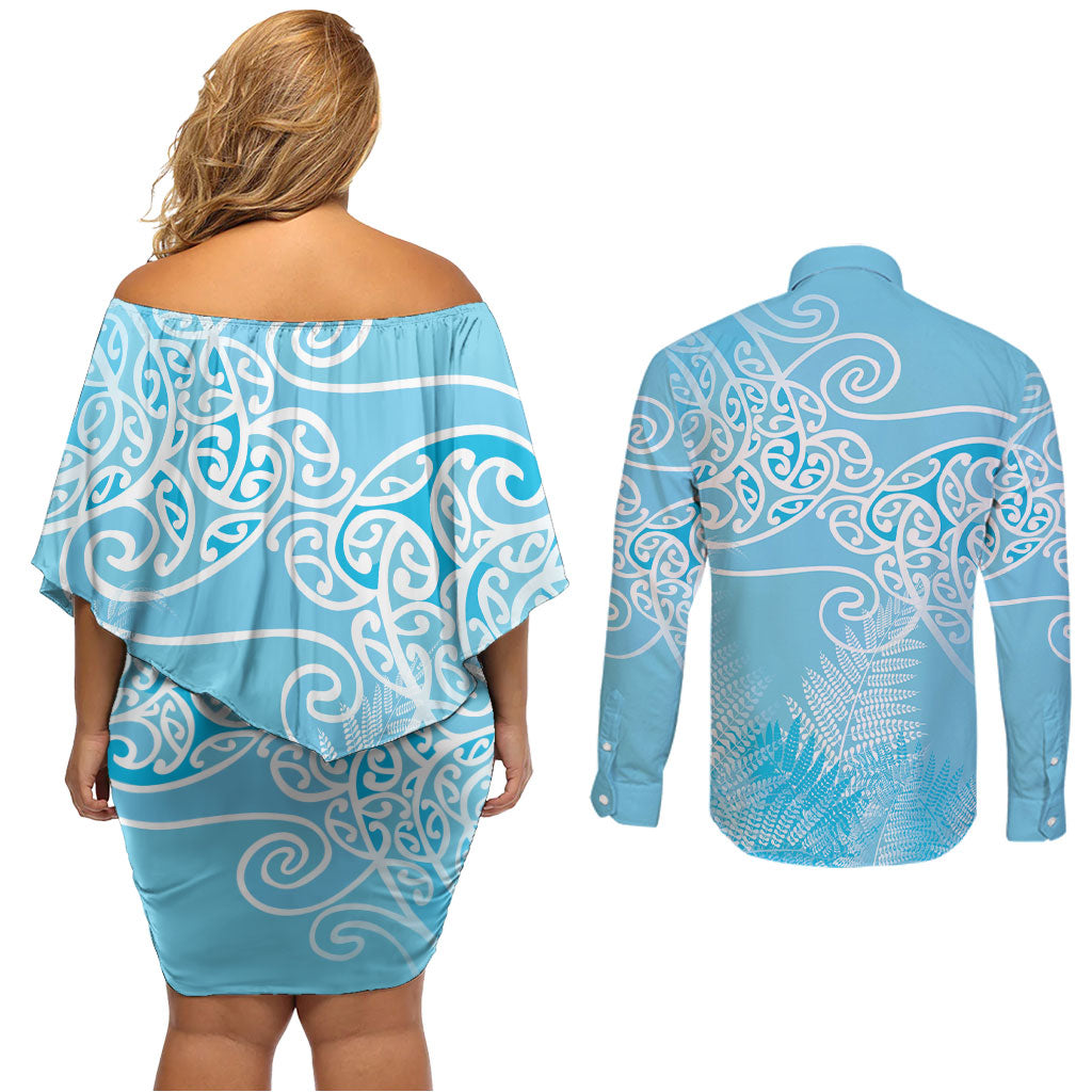 Aotearoa Maori Koru Curves Couples Matching Off Shoulder Short Dress and Long Sleeve Button Shirt Silver Ferns - Turquoise