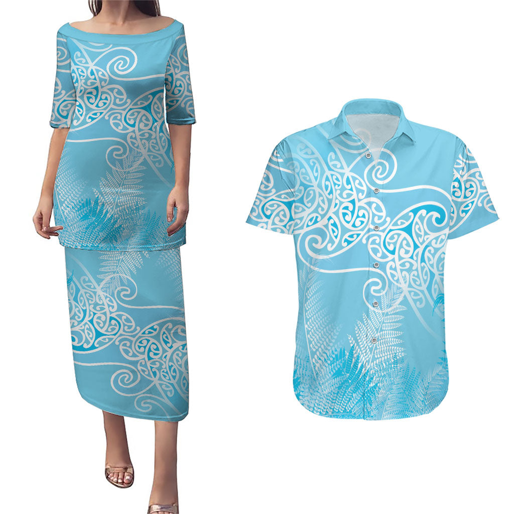 Aotearoa Maori Koru Curves Couples Matching Puletasi and Hawaiian Shirt Silver Ferns - Turquoise