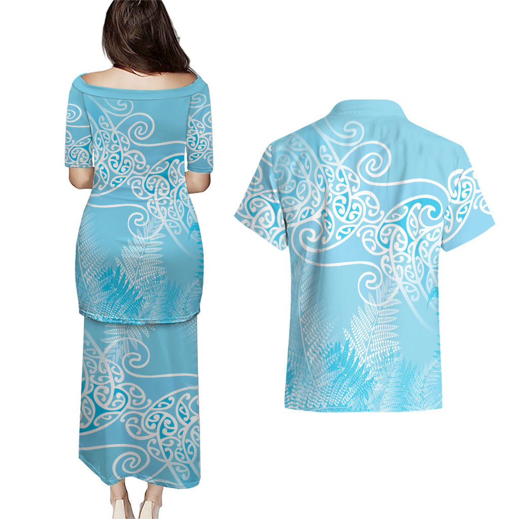 Aotearoa Maori Koru Curves Couples Matching Puletasi and Hawaiian Shirt Silver Ferns - Turquoise