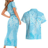 Aotearoa Maori Koru Curves Couples Matching Short Sleeve Bodycon Dress and Hawaiian Shirt Silver Ferns - Turquoise
