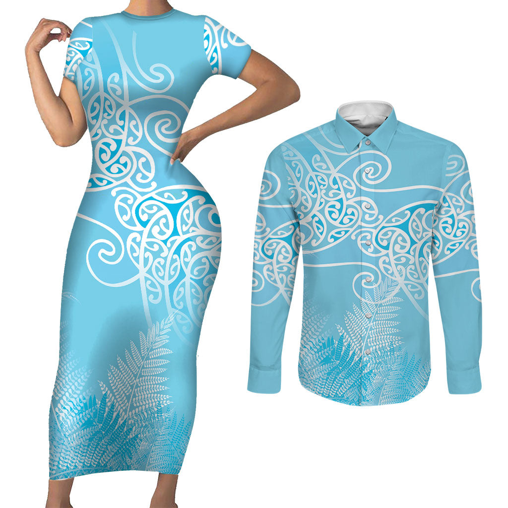 Aotearoa Maori Koru Curves Couples Matching Short Sleeve Bodycon Dress and Long Sleeve Button Shirt Silver Ferns - Turquoise