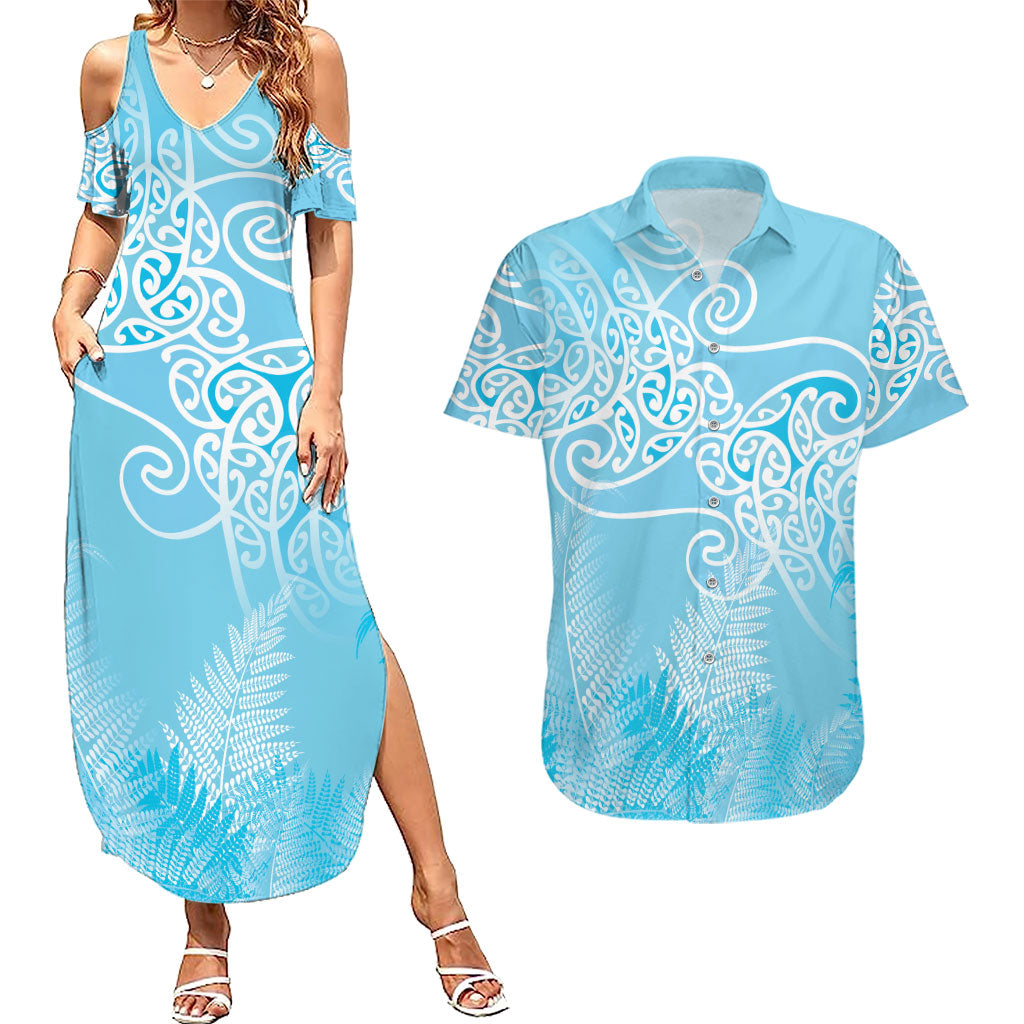 Aotearoa Maori Koru Curves Couples Matching Summer Maxi Dress and Hawaiian Shirt Silver Ferns - Turquoise