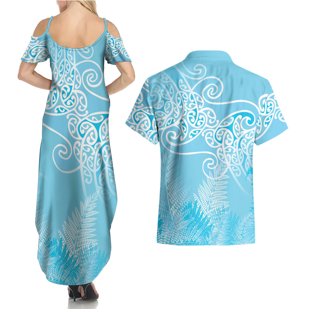 Aotearoa Maori Koru Curves Couples Matching Summer Maxi Dress and Hawaiian Shirt Silver Ferns - Turquoise