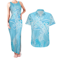 Aotearoa Maori Koru Curves Couples Matching Tank Maxi Dress and Hawaiian Shirt Silver Ferns - Turquoise