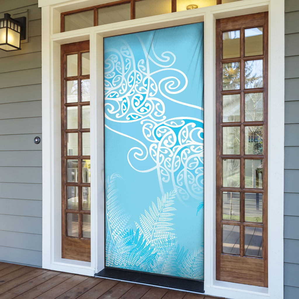 Aotearoa Maori Koru Curves Door Cover Silver Ferns - Turquoise