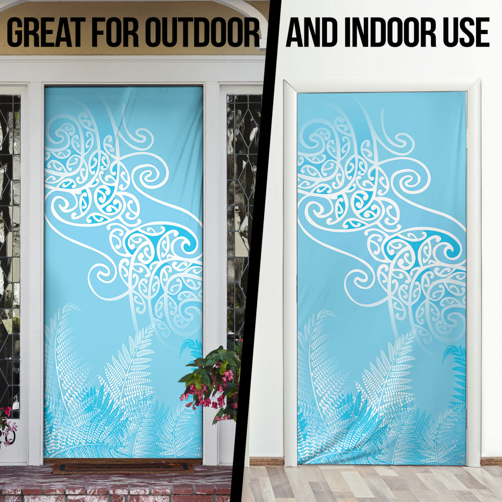 Aotearoa Maori Koru Curves Door Cover Silver Ferns - Turquoise
