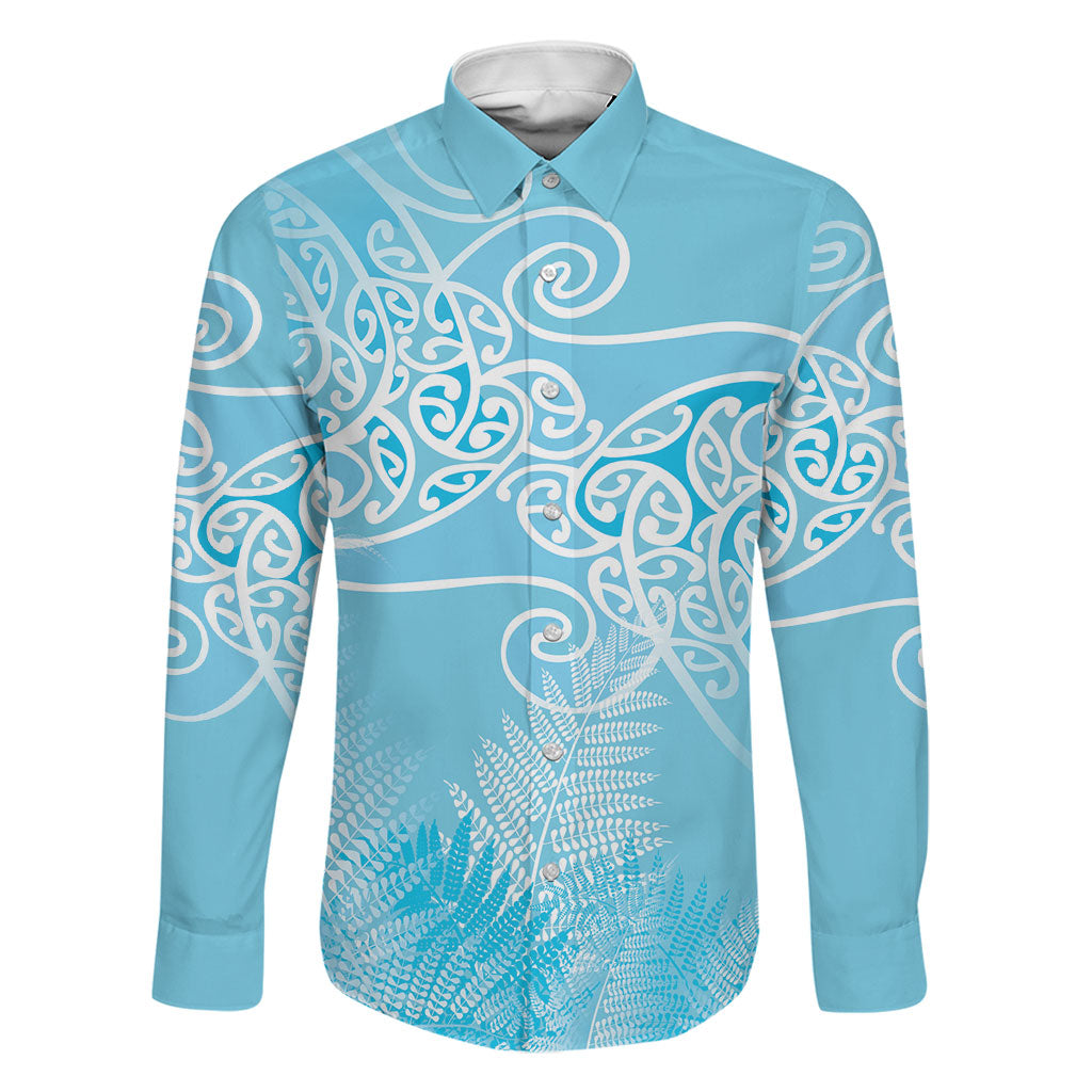 Aotearoa Maori Koru Curves Family Matching Long Sleeve Bodycon Dress and Hawaiian Shirt Silver Ferns - Turquoise