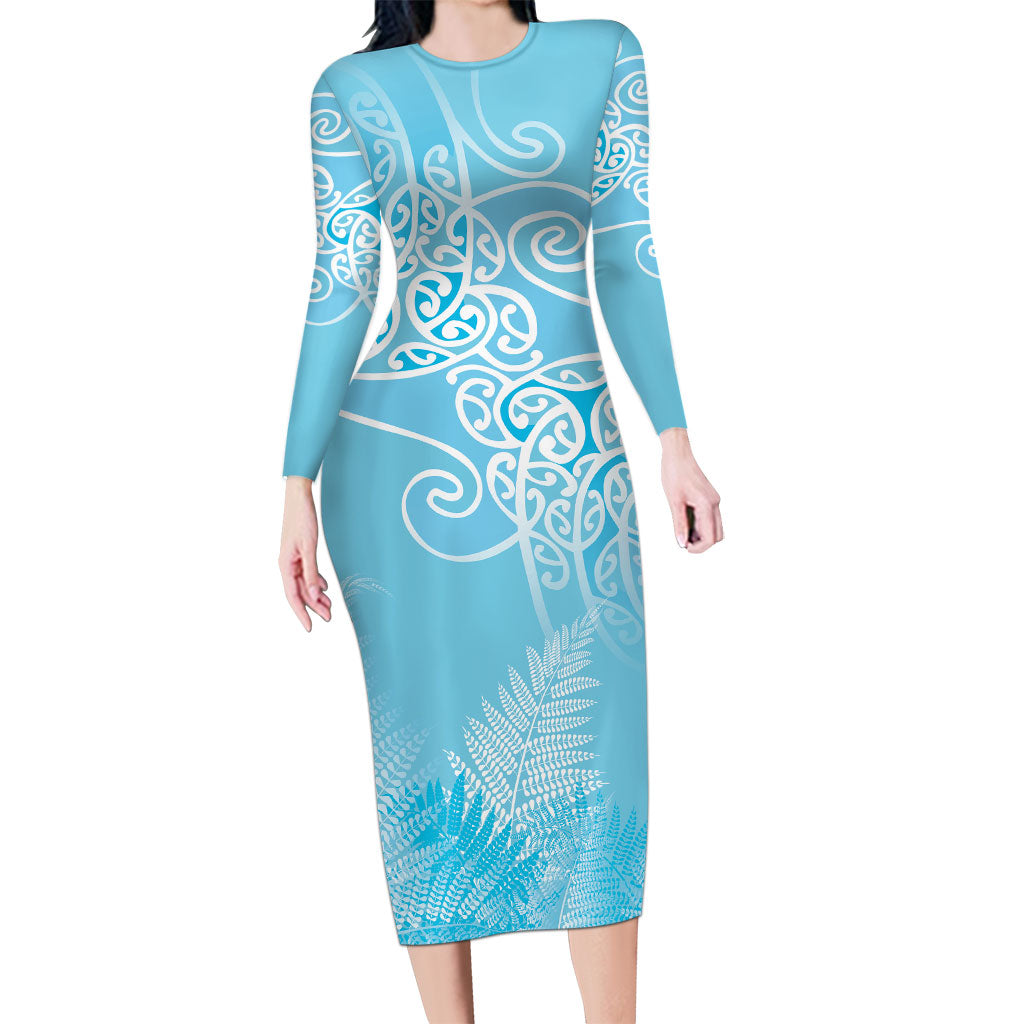 Aotearoa Maori Koru Curves Family Matching Long Sleeve Bodycon Dress and Hawaiian Shirt Silver Ferns - Turquoise