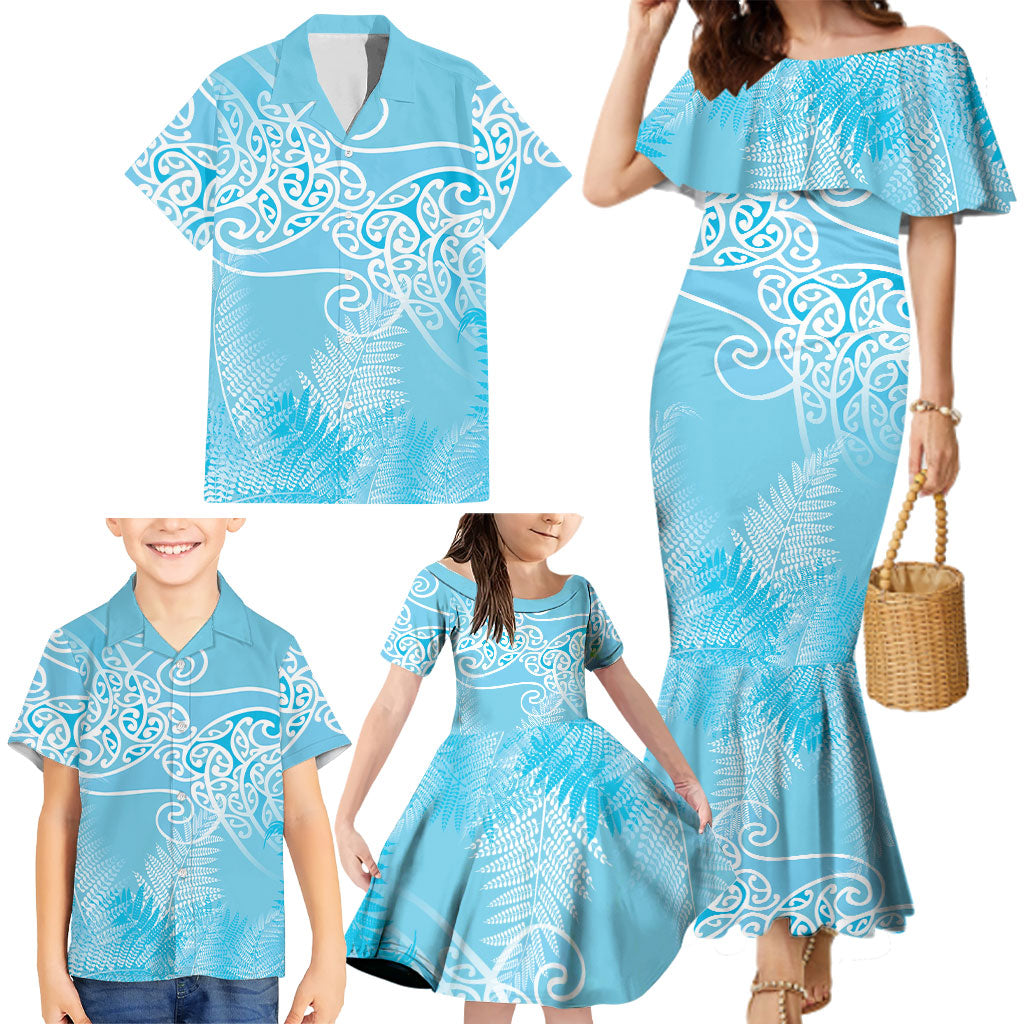 Aotearoa Maori Koru Curves Family Matching Mermaid Dress and Hawaiian Shirt Silver Ferns - Turquoise