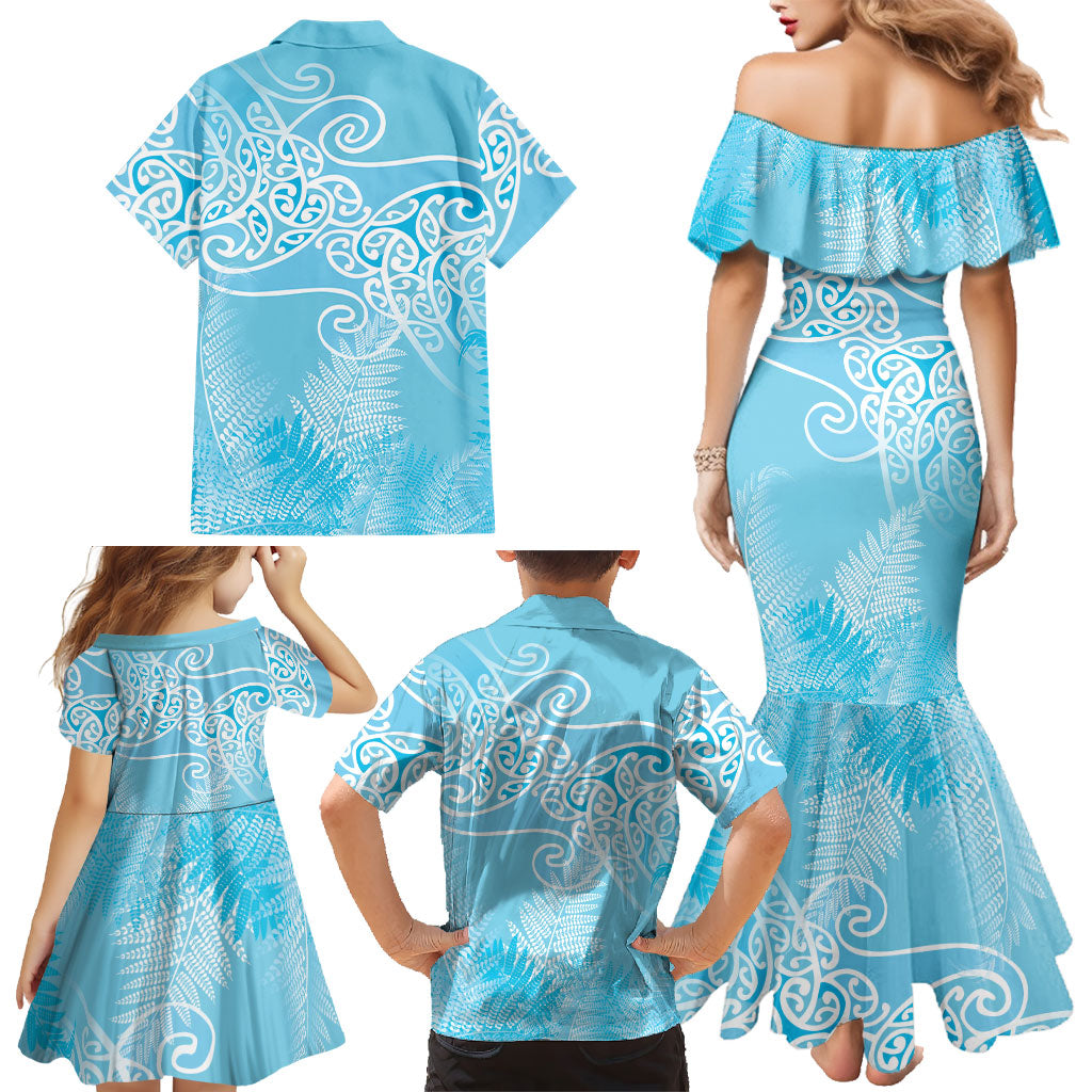 Aotearoa Maori Koru Curves Family Matching Mermaid Dress and Hawaiian Shirt Silver Ferns - Turquoise