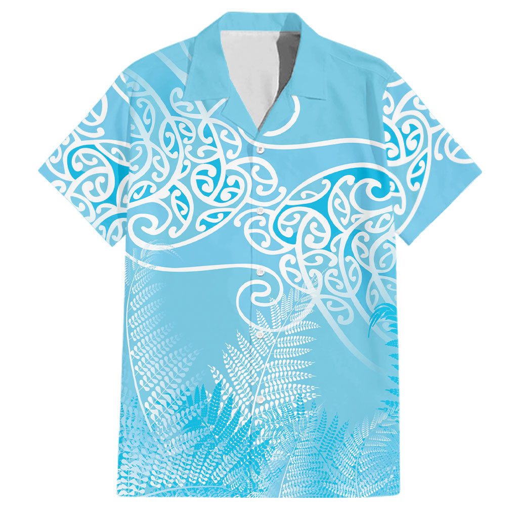 Aotearoa Maori Koru Curves Family Matching Off The Shoulder Long Sleeve Dress and Hawaiian Shirt Silver Ferns - Turquoise