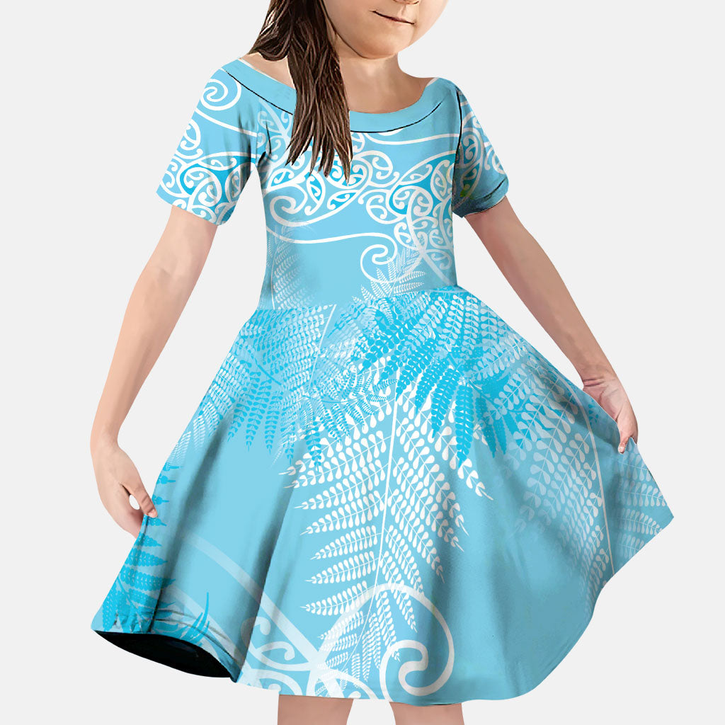 Aotearoa Maori Koru Curves Family Matching Off Shoulder Maxi Dress and Hawaiian Shirt Silver Ferns - Turquoise