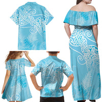 Aotearoa Maori Koru Curves Family Matching Off Shoulder Maxi Dress and Hawaiian Shirt Silver Ferns - Turquoise