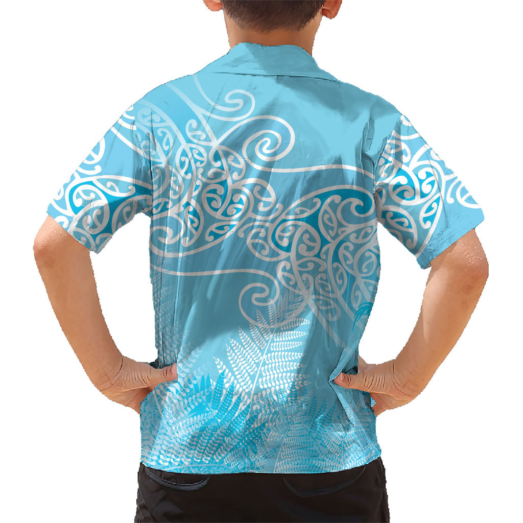 Aotearoa Maori Koru Curves Family Matching Off Shoulder Short Dress and Hawaiian Shirt Silver Ferns - Turquoise