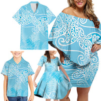 Aotearoa Maori Koru Curves Family Matching Off Shoulder Short Dress and Hawaiian Shirt Silver Ferns - Turquoise