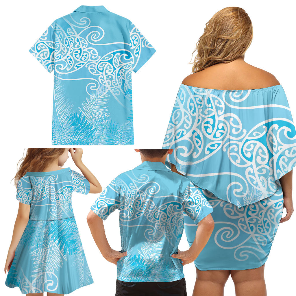 Aotearoa Maori Koru Curves Family Matching Off Shoulder Short Dress and Hawaiian Shirt Silver Ferns - Turquoise