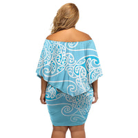 Aotearoa Maori Koru Curves Family Matching Off Shoulder Short Dress and Hawaiian Shirt Silver Ferns - Turquoise