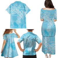 Aotearoa Maori Koru Curves Family Matching Puletasi and Hawaiian Shirt Silver Ferns - Turquoise