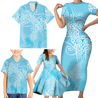 Aotearoa Maori Koru Curves Family Matching Short Sleeve Bodycon Dress and Hawaiian Shirt Silver Ferns - Turquoise