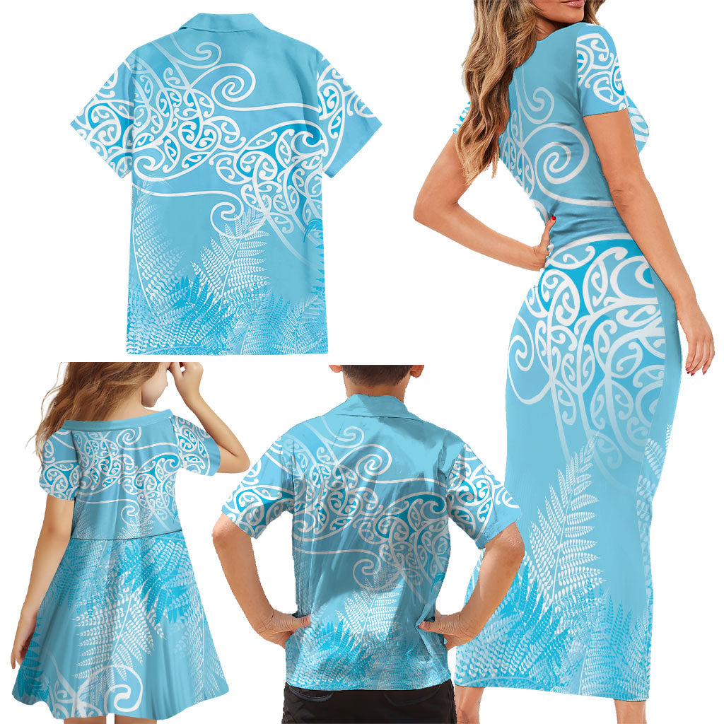 Aotearoa Maori Koru Curves Family Matching Short Sleeve Bodycon Dress and Hawaiian Shirt Silver Ferns - Turquoise