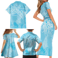 Aotearoa Maori Koru Curves Family Matching Short Sleeve Bodycon Dress and Hawaiian Shirt Silver Ferns - Turquoise