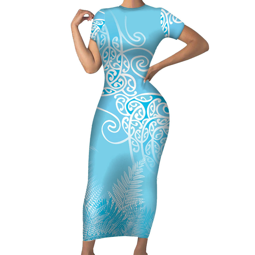 Aotearoa Maori Koru Curves Family Matching Short Sleeve Bodycon Dress and Hawaiian Shirt Silver Ferns - Turquoise