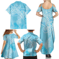 Aotearoa Maori Koru Curves Family Matching Summer Maxi Dress and Hawaiian Shirt Silver Ferns - Turquoise