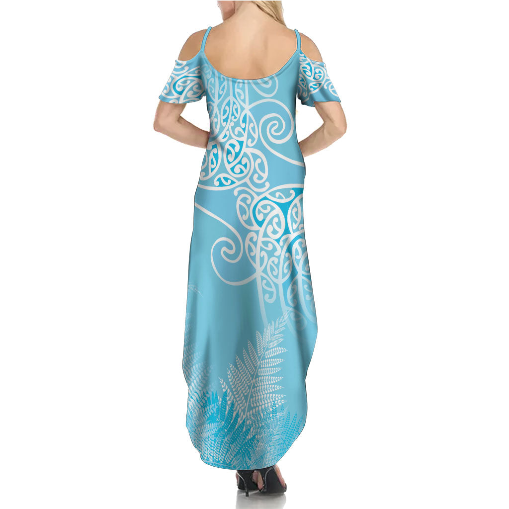 Aotearoa Maori Koru Curves Family Matching Summer Maxi Dress and Hawaiian Shirt Silver Ferns - Turquoise