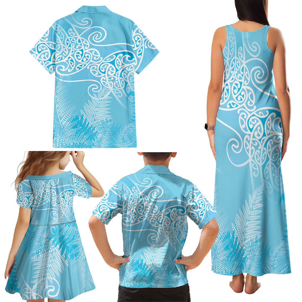 Aotearoa Maori Koru Curves Family Matching Tank Maxi Dress and Hawaiian Shirt Silver Ferns - Turquoise