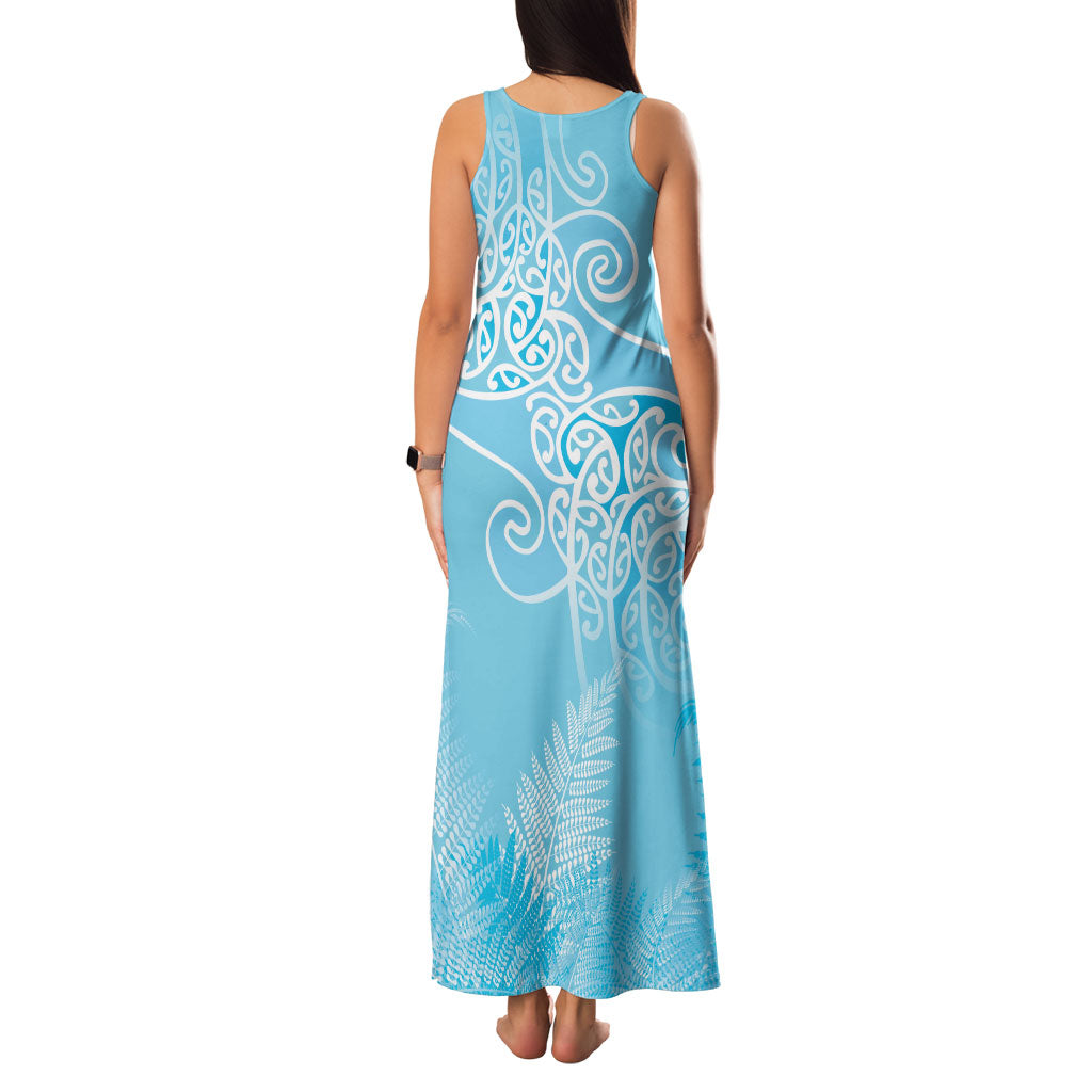 Aotearoa Maori Koru Curves Family Matching Tank Maxi Dress and Hawaiian Shirt Silver Ferns - Turquoise