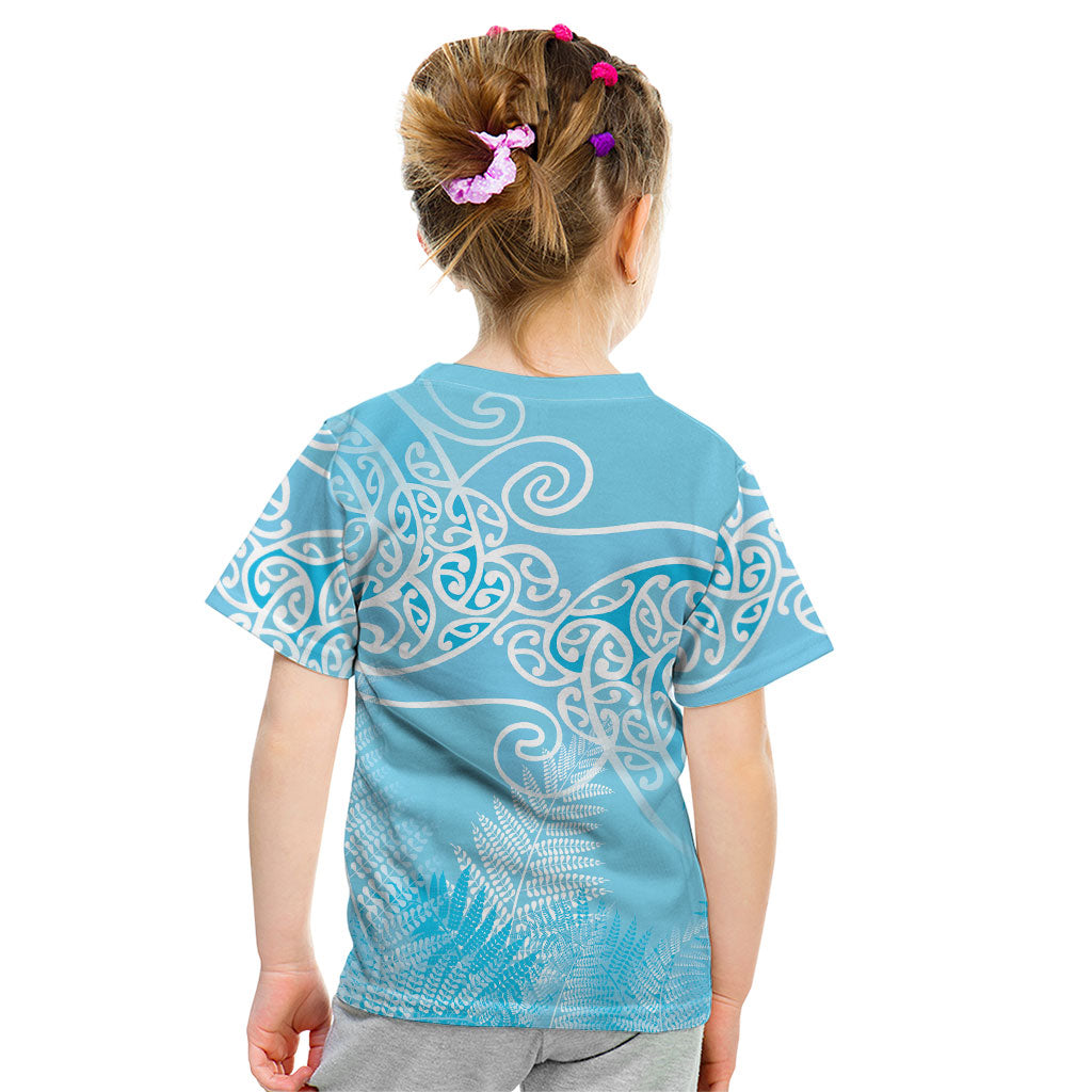 Aotearoa Maori Koru Curves Kid T Shirt Silver Ferns - Turquoise