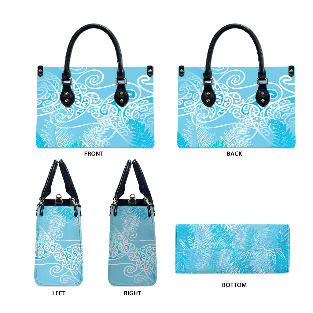 Aotearoa Maori Koru Curves Leather Bag Silver Ferns - Turquoise