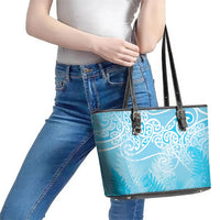 Aotearoa Maori Koru Curves Leather Tote Bag Silver Ferns - Turquoise