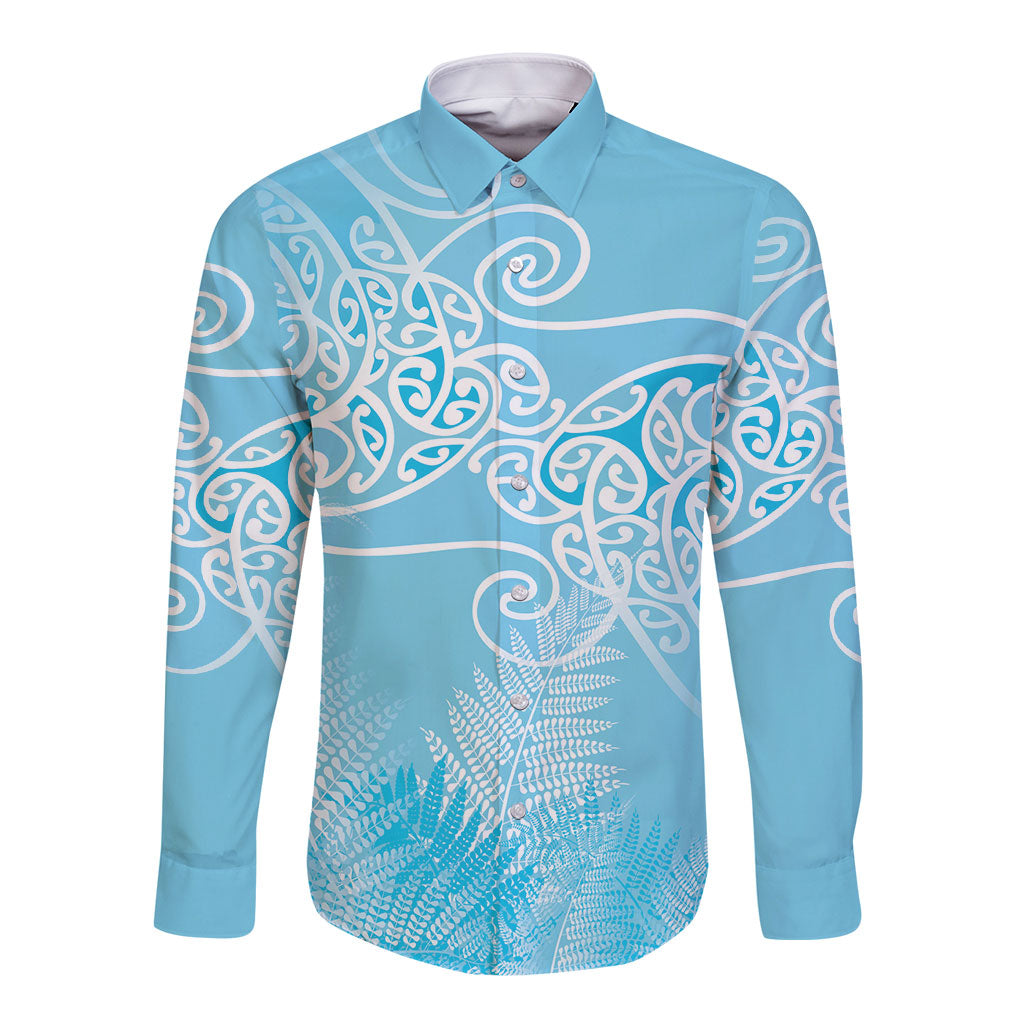 Aotearoa Maori Koru Curves Long Sleeve Button Shirt Silver Ferns - Turquoise