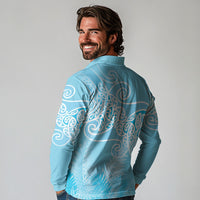 Aotearoa Maori Koru Curves Long Sleeve Polo Shirt Silver Ferns - Turquoise