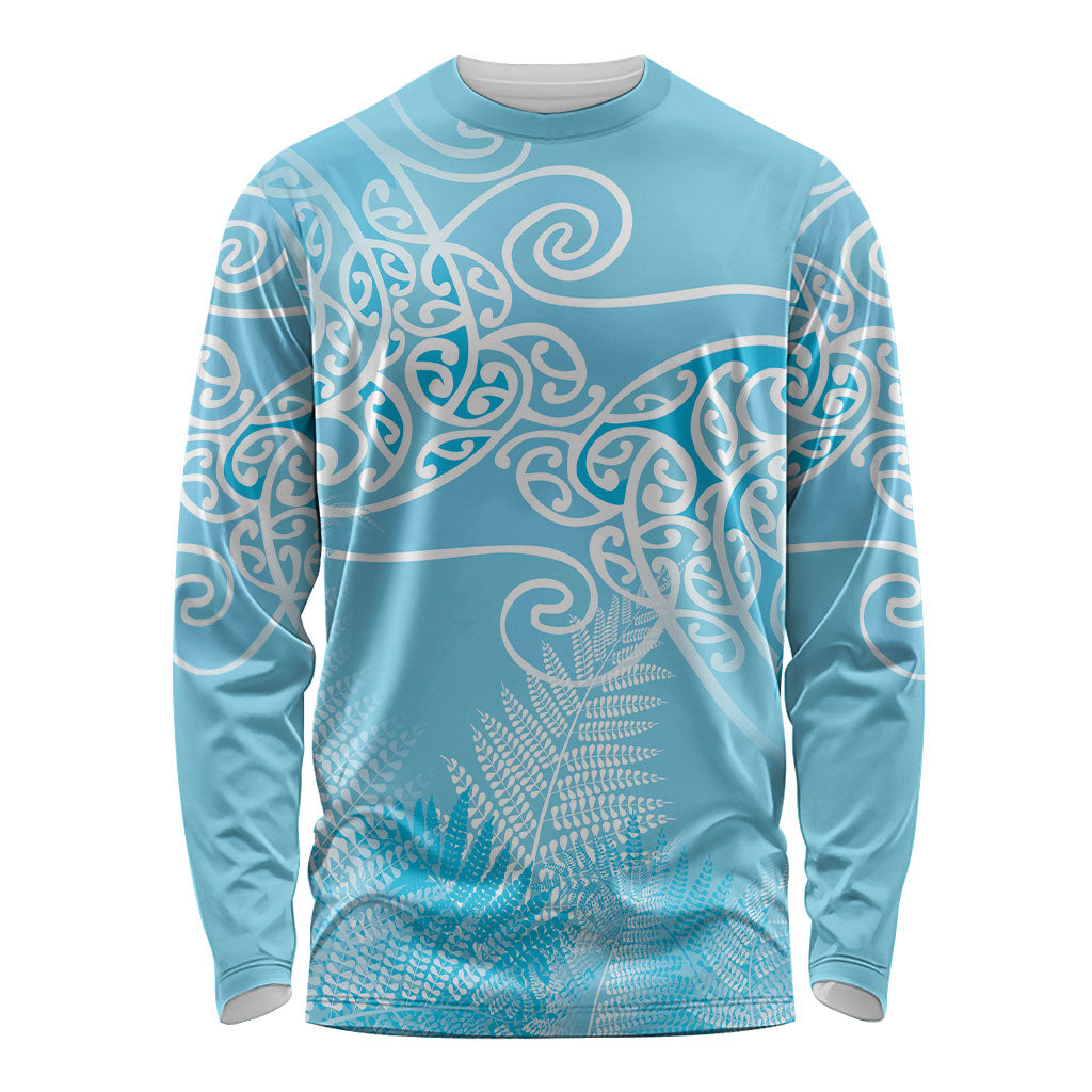 Aotearoa Maori Koru Curves Long Sleeve Shirt Silver Ferns - Turquoise