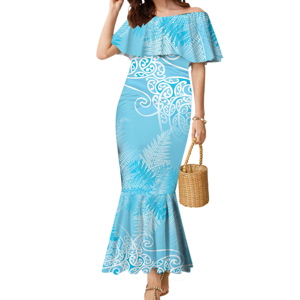 Aotearoa Maori Koru Curves Mermaid Dress Silver Ferns - Turquoise