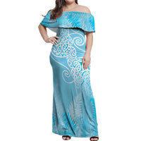 Aotearoa Maori Koru Curves Off Shoulder Maxi Dress Silver Ferns - Turquoise
