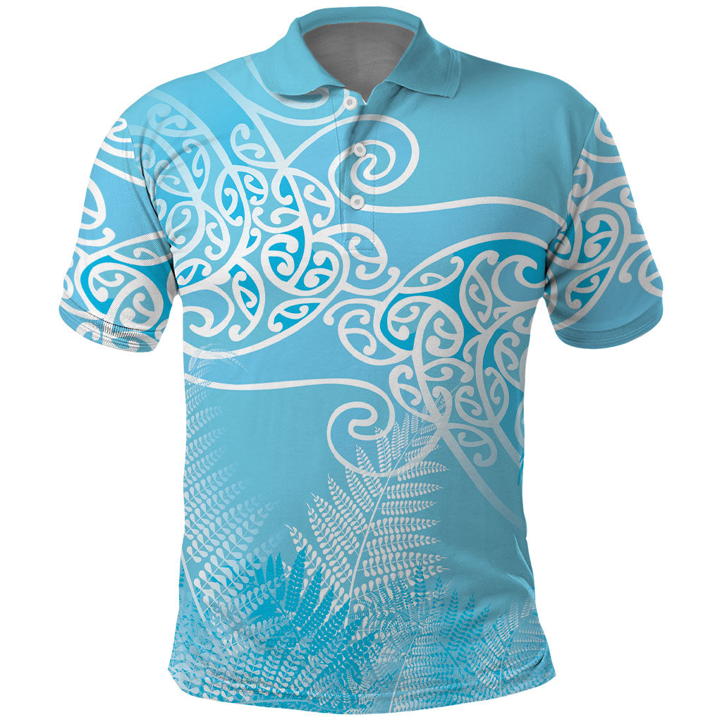 Aotearoa Maori Koru Curves Polo Shirt Silver Ferns - Turquoise