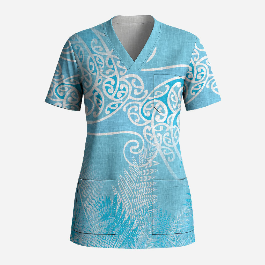 Aotearoa Maori Koru Curves Scrub Top Silver Ferns - Turquoise
