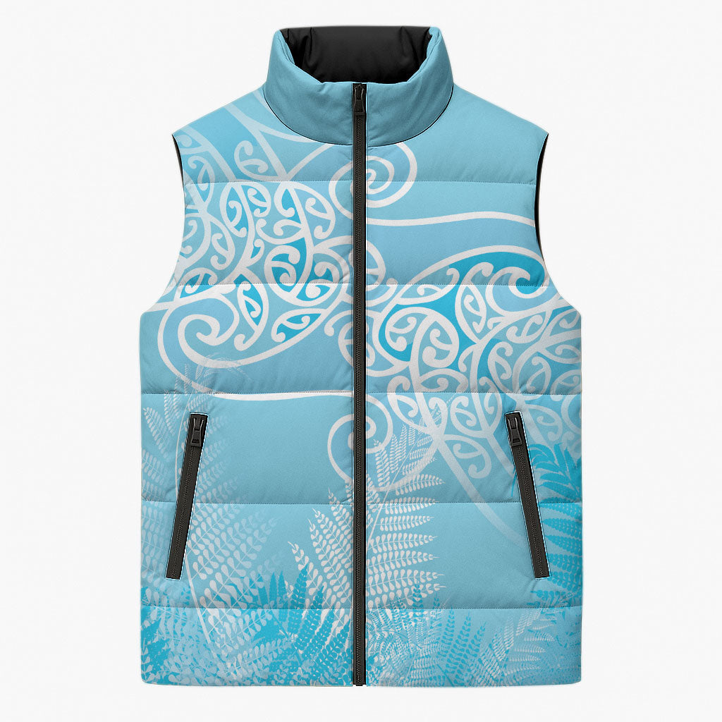 Aotearoa Maori Koru Curves Sleeveless Puffer Jacket Silver Ferns - Turquoise