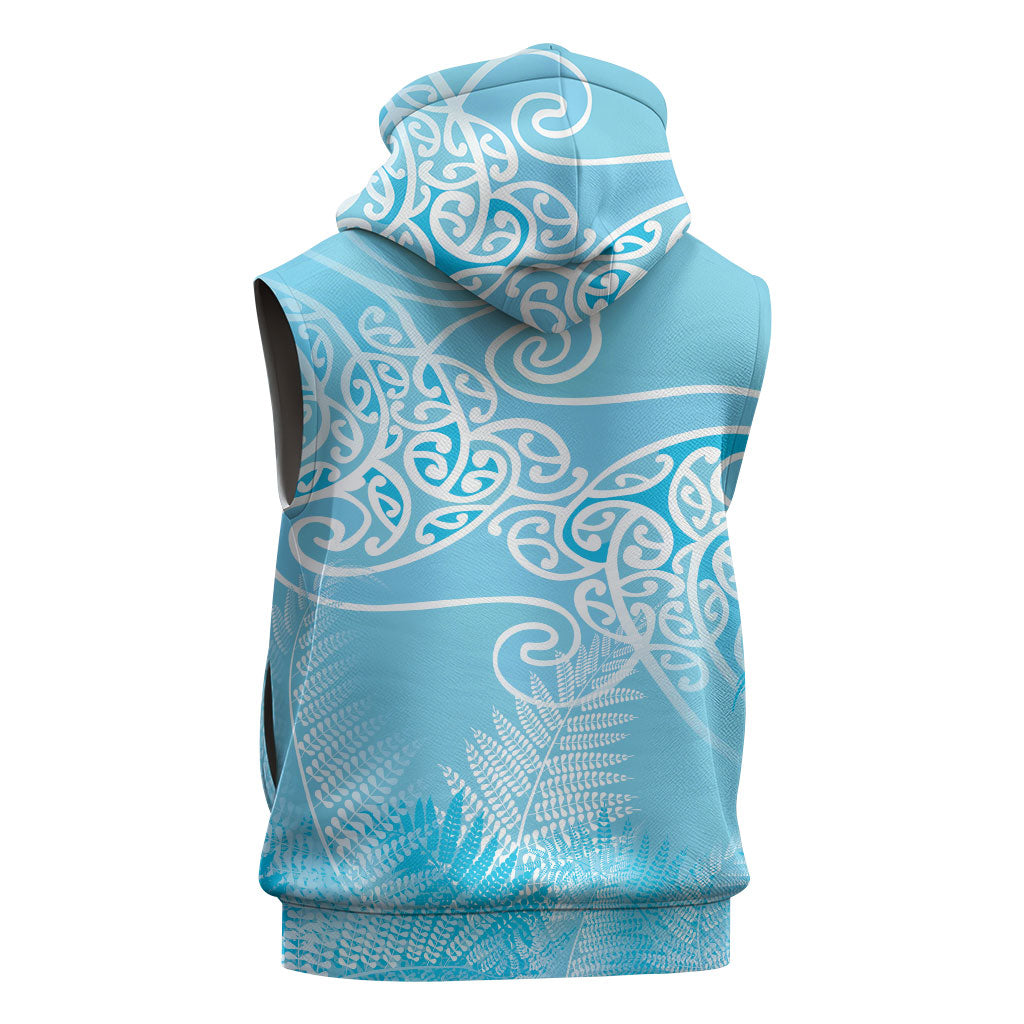 Aotearoa Maori Koru Curves Sleeveless Zip Hoodie Silver Ferns - Turquoise