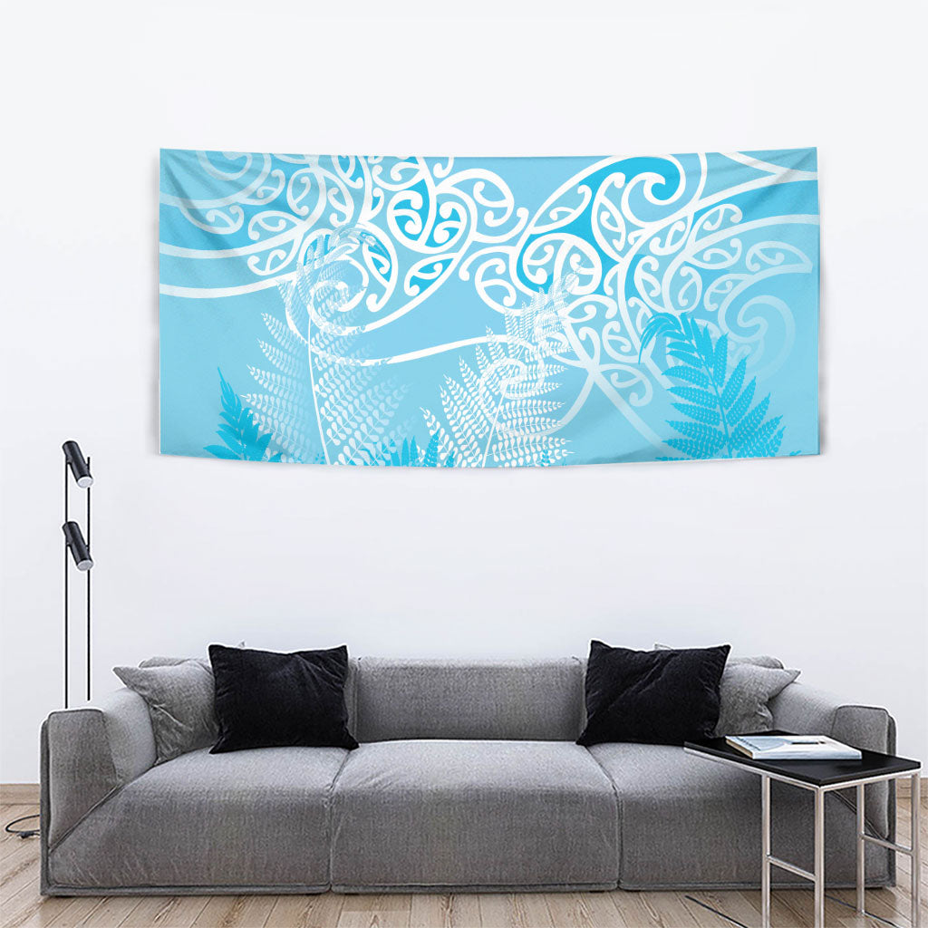 Aotearoa Maori Koru Curves Tapestry Silver Ferns - Turquoise