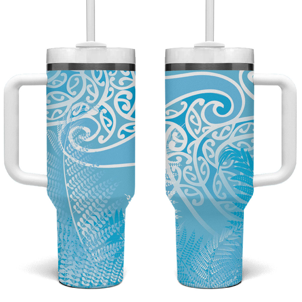 Aotearoa Maori Koru Curves Tumbler With Handle Silver Ferns - Turquoise