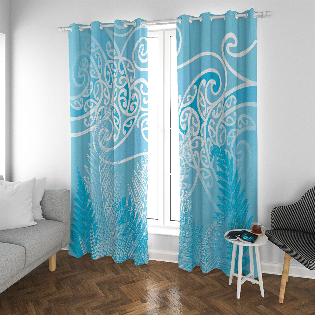 Aotearoa Maori Koru Curves Window Curtain Silver Ferns - Turquoise