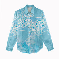 Aotearoa Maori Koru Curves Women Casual Shirt Silver Ferns - Turquoise