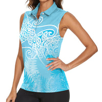 Aotearoa Maori Koru Curves Women Sleeveless Polo Shirt Silver Ferns - Turquoise