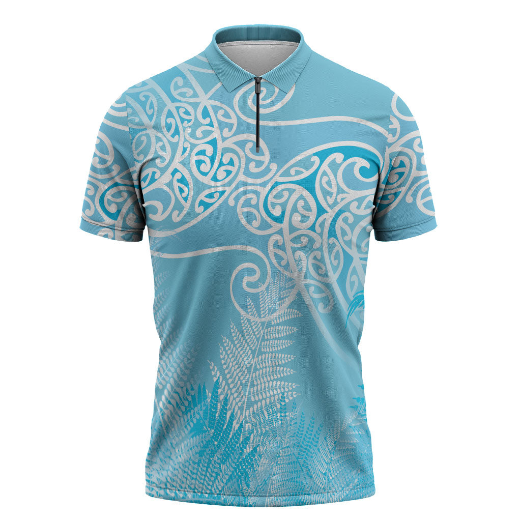 Aotearoa Maori Koru Curves Zipper Polo Shirt Silver Ferns - Turquoise